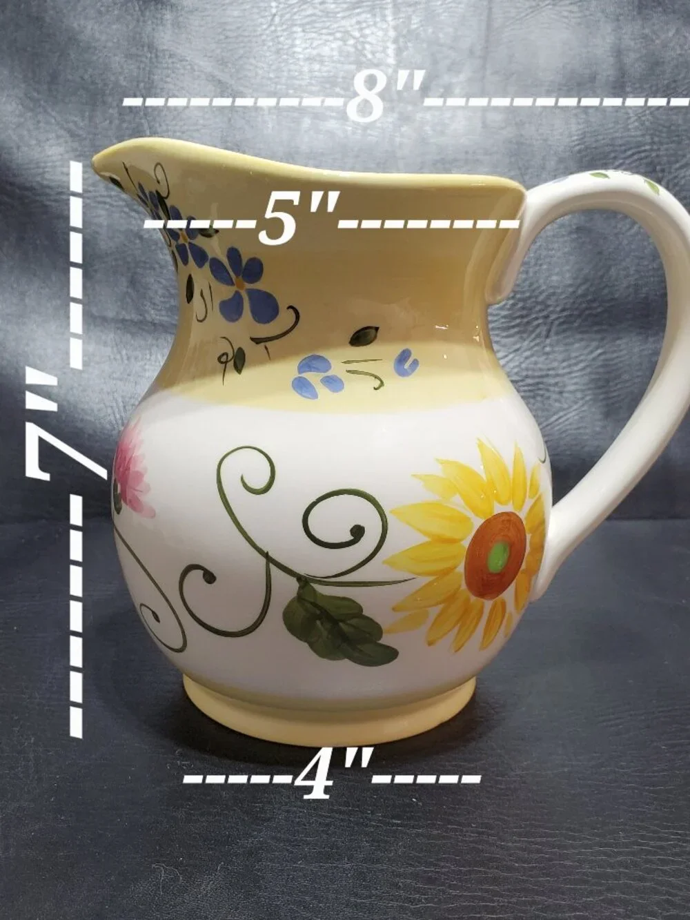 🌻 Hand-Painted Sunflower & Floral Ceramic Farmhouse Cottage Pitcher